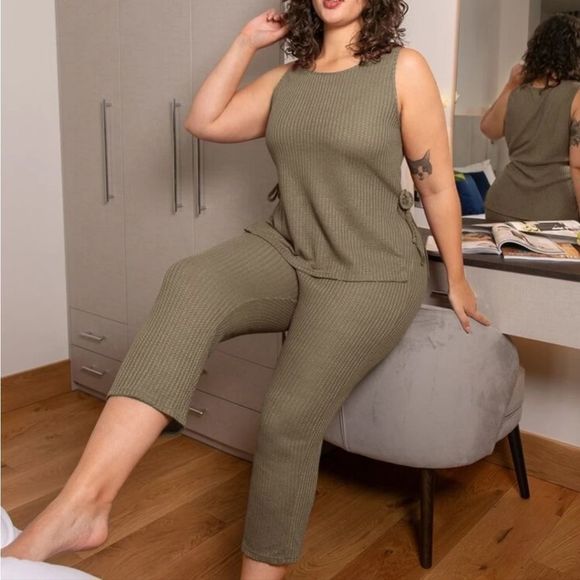 SHEIN Waffle Knit Sleeveless Loungewear 2 Pc Set Plus Size 2X - Picture 3 of 6